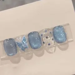 青いラメ蝶デザインネイルチップ10個セット