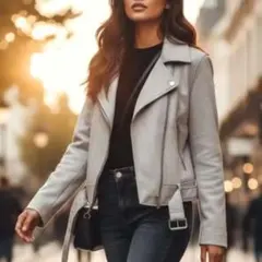 ザラベーシック　М　ライダースジャケット　グレー　長袖　スエード調　ベルト付