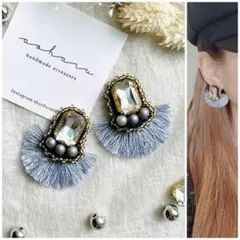 全5色 ビジュー ビーズ刺繍×カラフルタッセルピアス/イヤリング(グレー)