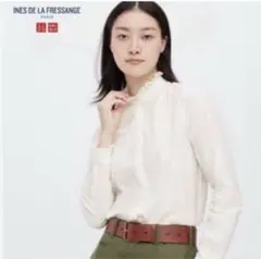 ユニクロ＆イネス　重ね着に◎ フリルネックブラウス　白シャツ