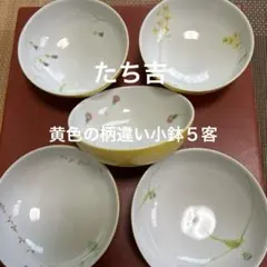 ★たち吉 黄色小鉢 絵変わり 草花柄 和食器5客セット★のサムネイル