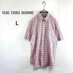 美品 ユキトリイホーム 半袖シャツ チェック柄 コットンリネン混 Lのサムネイル