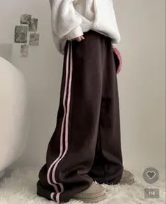 ブラウン サイドストライプ ワイドパンツ