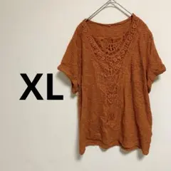 オレンジ 半袖シャツ レース編み XL