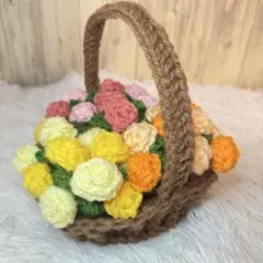 バラ ブーケ 花束 コースター 3枚　カゴ付き　かぎ針 編み　ハンドメイドのサムネイル