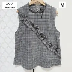 【 新品未使用品 】ZARA グレンチェック ノースリーブ フリル トップス M