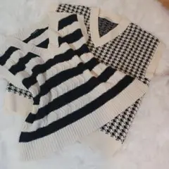 アイボリーとブラックのストライプニットベスト