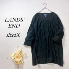 ラウンズエンド ニット 7分袖 コットン レーヨン【3L】クルーネック ブラック