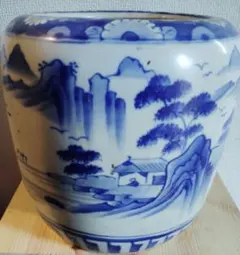 骨董　手描き山水画 陶器 睡蓮鉢 水鉢