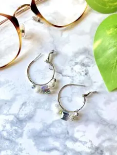 5種ビーズのフープピアス 本ロジウム バネ式 Miiiisaの家(※即購入禁止)