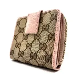 グッチ 折り財布 GGキャンバス レザー ピンク コンパクト ラウンドファスナー