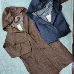 新品レディース大きめM ヘリンボーン柄裏起毛ロングコート2枚② ハーフ丈着る毛布