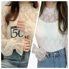 M 花柄レース シアートップス フリル袖 インナー別 ホワイト　アイボリー　1枚