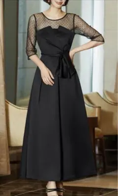 ドットチュール&サテンビスチェ風ロング結婚式ワンピース