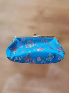 ターコイズブルー花柄がま口ポーチ