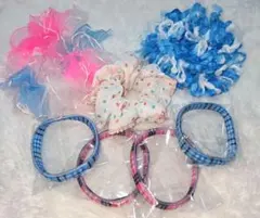 シュシュ・ヘアゴム　水色・ピンク系セット　シフォン　水玉　チェック柄など