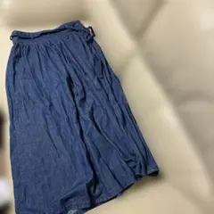 GU デニム風ロングスカート フレアスカート ウエストリボン ブルー Mサイズ