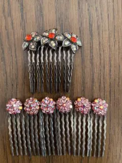 ビジュー付きピンクヘアピン6個、花柄ピンセット