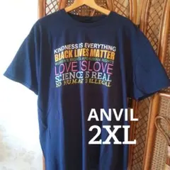 【US古着】ANVIL 2XL メッセージ グラフィック Tシャツ ネイビー 紺