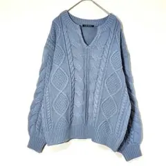 イング（M）長袖 Vネック セーター　ボリューム袖　アクリル　ブルー　くすみ色