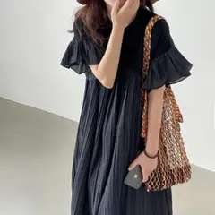 フリル袖　プリーツ　切り替え　フレア　ロングワンピース　マキシ丈