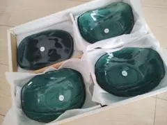 未使用 カメイガラス 藍 ガラス皿 プレート 2種5客 セット 昭和レトロ