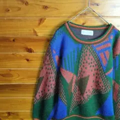 ニット　セーター　幾何学模様　抽象柄　緑　青　オレンジ　カジュアル　M　古着