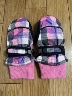 ピンクチェック柄ミトン手袋 （3〜5歳）