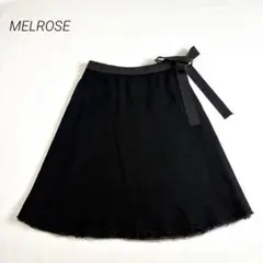 【メルローズ】4 ウエストリボン 膝丈フレアスカート ブラック Lのサムネイル