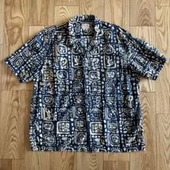 00s LLBean 総柄 開襟シャツ XLエスニック アート柄 紺ヴィンテージ