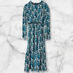 グリーン フラワープリント ロングワンピース フリル 花柄 レトロ 総柄