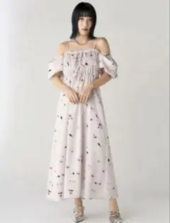 花柄フリル袖ロングワンピースリリーブラウン