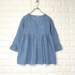 ☆タイニークリーク【M】青系 麻混 七分袖シャツ 刺繍レース Aライン 可愛い