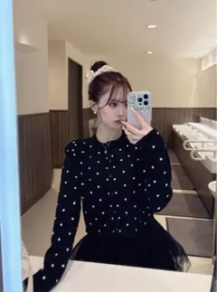 GRL ドット柄ショート丈ニットカーディガン