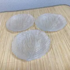 HOYA ガラス皿 3客セット 18cm 葉っぱ柄 透明 クリスタル 昭和レトロ