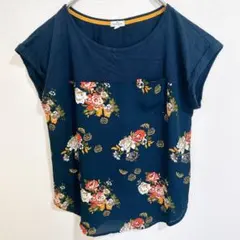 メイソンアンドベル 花柄 チュニック フレンチスリーブ 紺 M ポリエステル