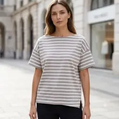 無印良品 ボーダーTシャツ M ベージュ 綿100% 半袖 カットソーのサムネイル