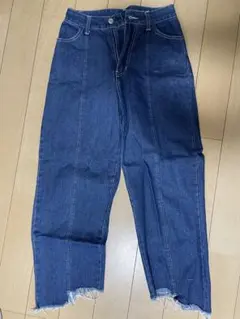 ダークブルー フリンジ裾 デニムパンツ 085