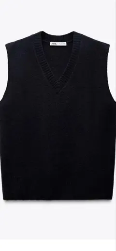 ZARA プレーンＶネックニットベスト　ネイビーブルー