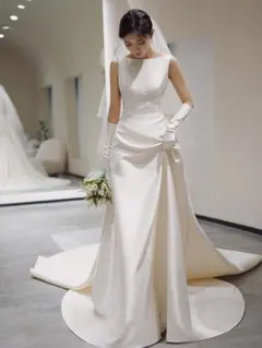 C303 高級 ノースリーブ　レトロ サテン シンプル　ウエディングドレス