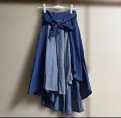 【新品未使用】デニム濃淡フレアロングスカート　リボン　韓国セレクトショップ