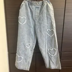 ハート柄　ワイドデニムパンツ140