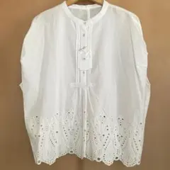 新品 ホワイト 半袖ブラウス 裾レース Fオーバーサイズ