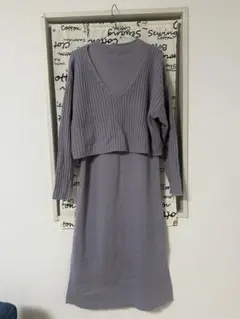 ニットワンピース セットアップ ボレロ付き Vネック グレー　Lサイズ