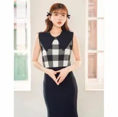 Darich ビッグカラーギンガムチェックニットロングワンピース