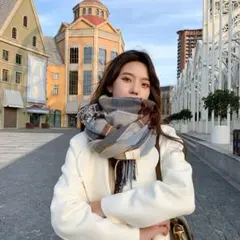 ブルー　ストール　チェック　マフラー　膝掛け　ブランケット　小顔　大判　韓国