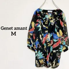 シアーブラウス　花柄　総柄　Ⅿサイズ　ノーカラー　五分袖　上品　エレガント