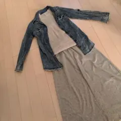 デニムロングシャツ・ノースリーブニット・ ロングスカート