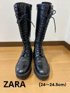 ZARA 黒　ロングブーツ　レースアップ／編み上げ