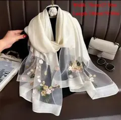 花柄刺繍大判ストール ショール 薄手 UV対策 ホワイト 幅70cm 長さ180